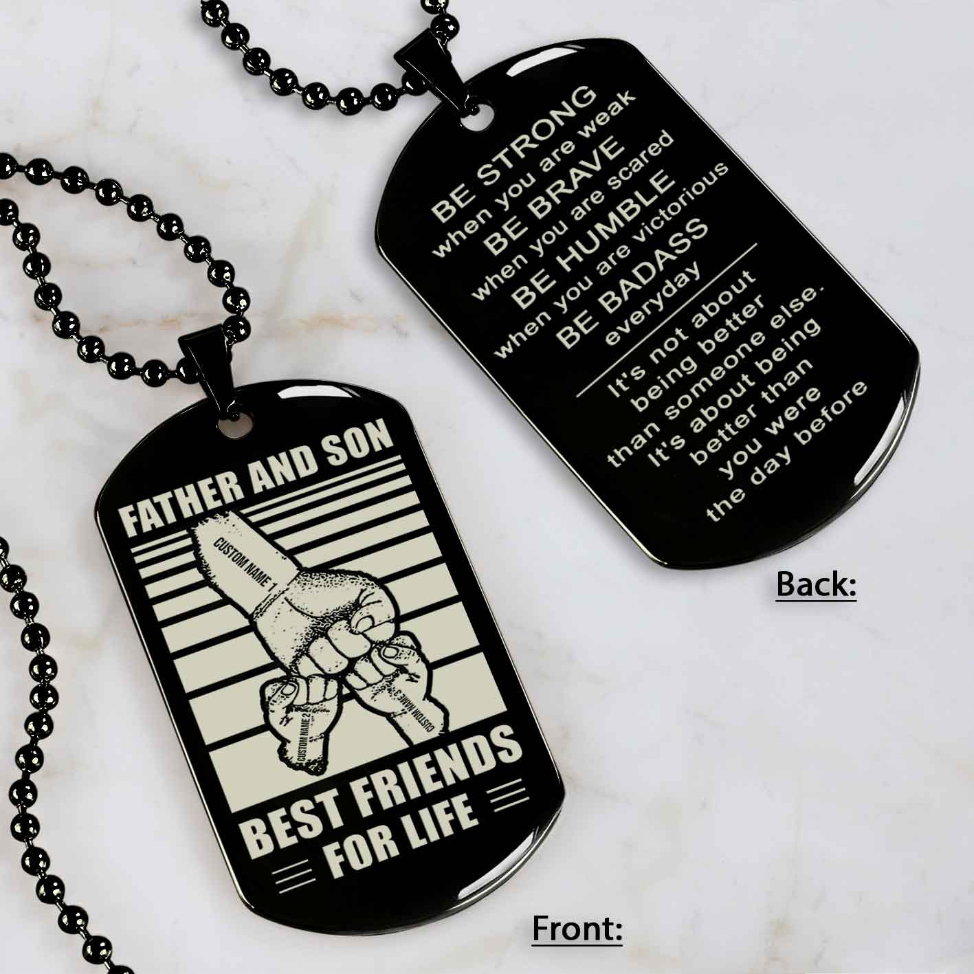 Family Fist Bump Team 3 Personalized Double Sided Dog Tag Father And Son Best Friends For Life - Message on the back side