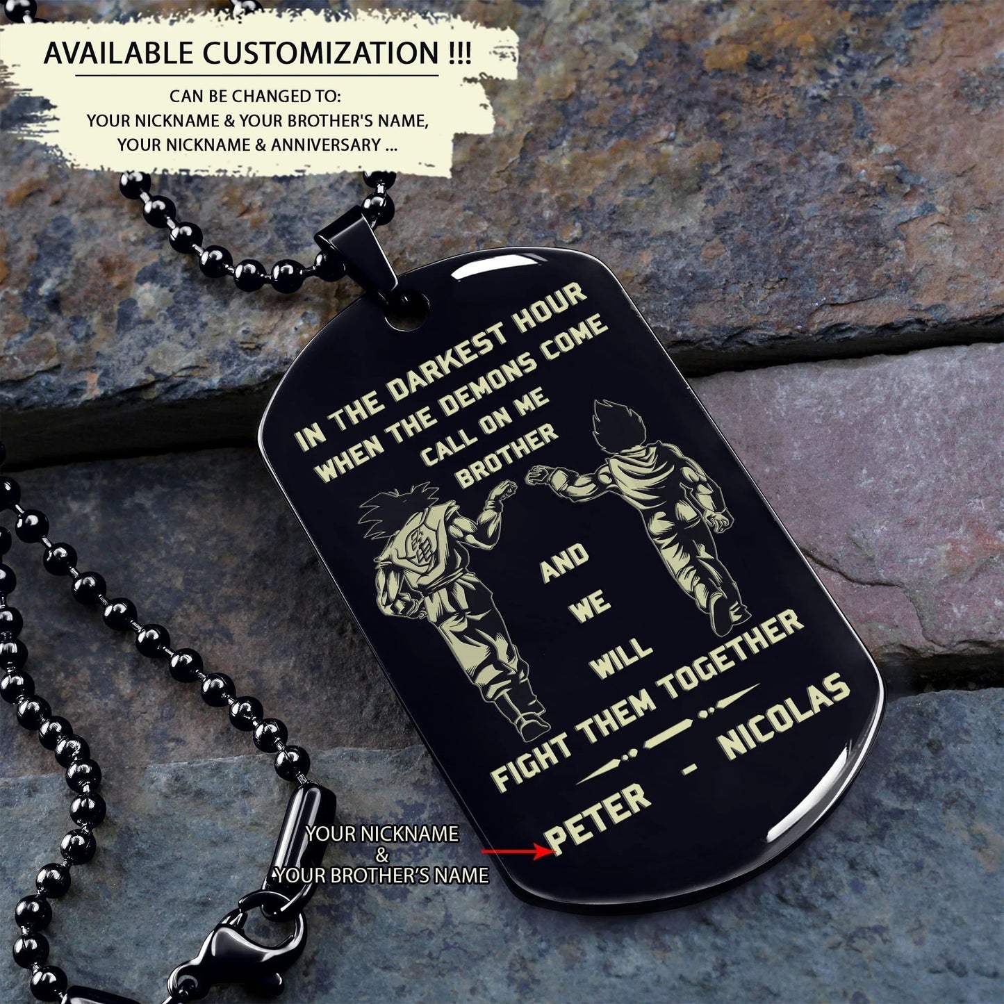 Spartan Customizable engraved brother dog tag gift from brother, In the darkest hour, When the demons come call on me brother and we will fight them together