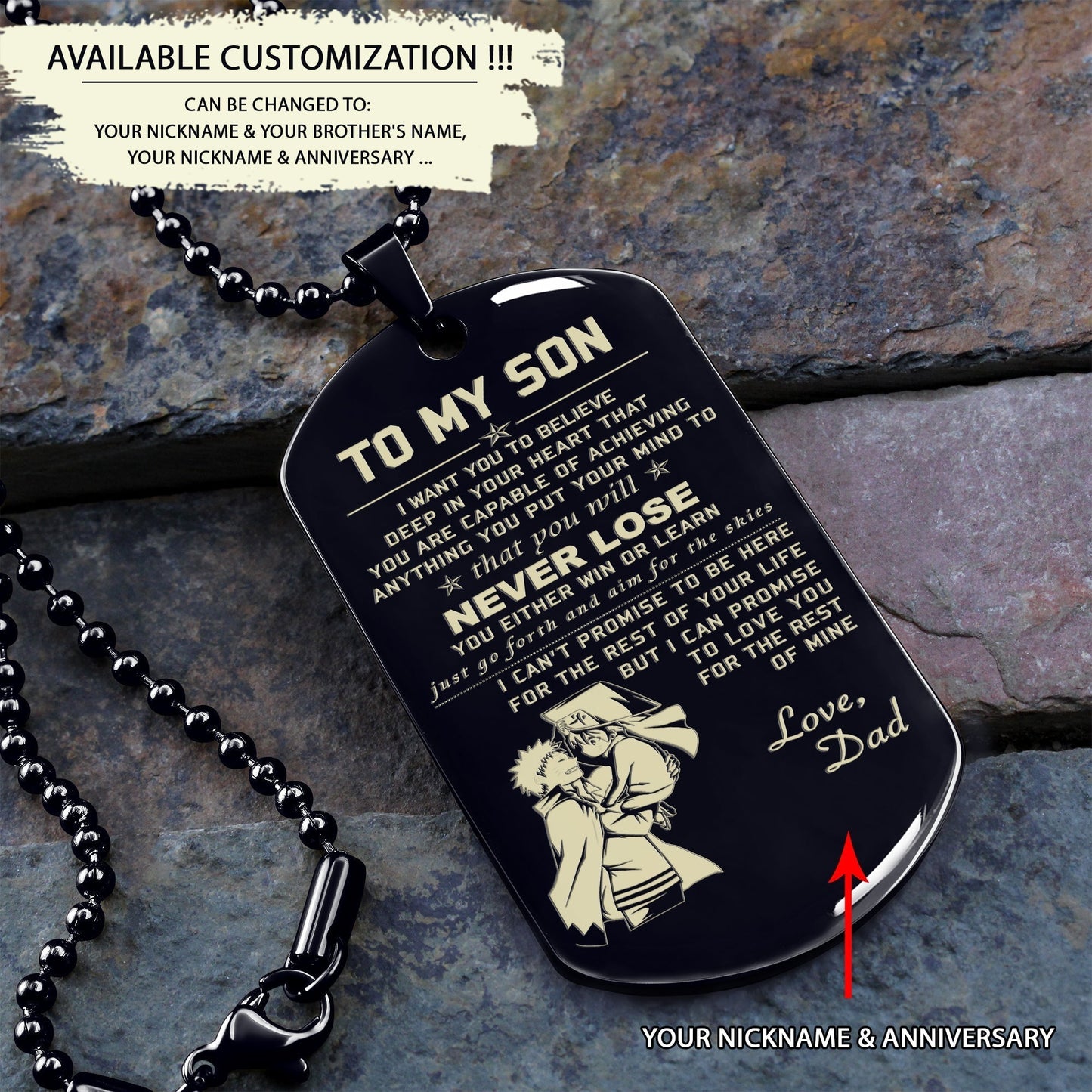 Customizable engraved black dog tag dad to son never lose