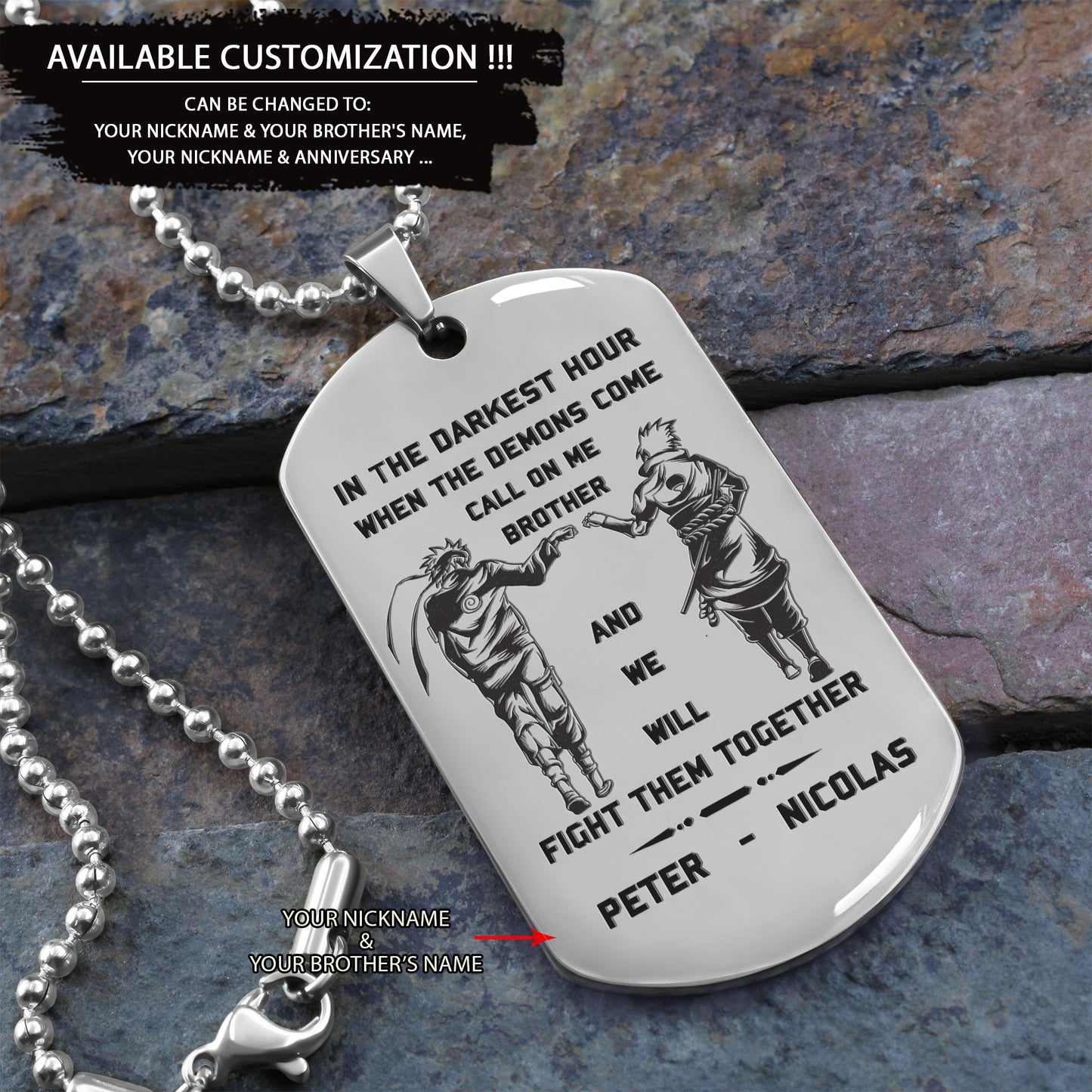 Spartan Customizable engraved brother dog tag gift from brother, In the darkest hour, When the demons come call on me brother and we will fight them together