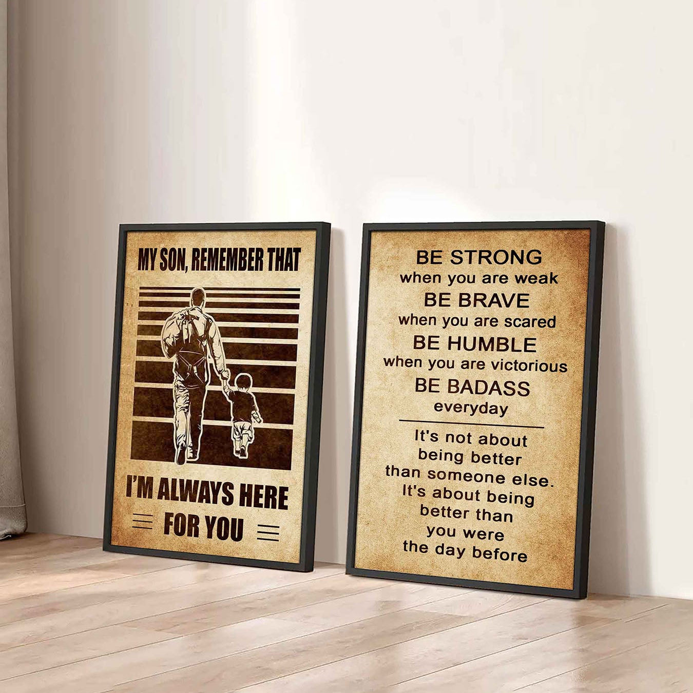 Combo 2 DRB Poster Canvas My Son Remember That - Be Strong When You Are Weak Be Brave When You Are Scared Be Badass Everyday