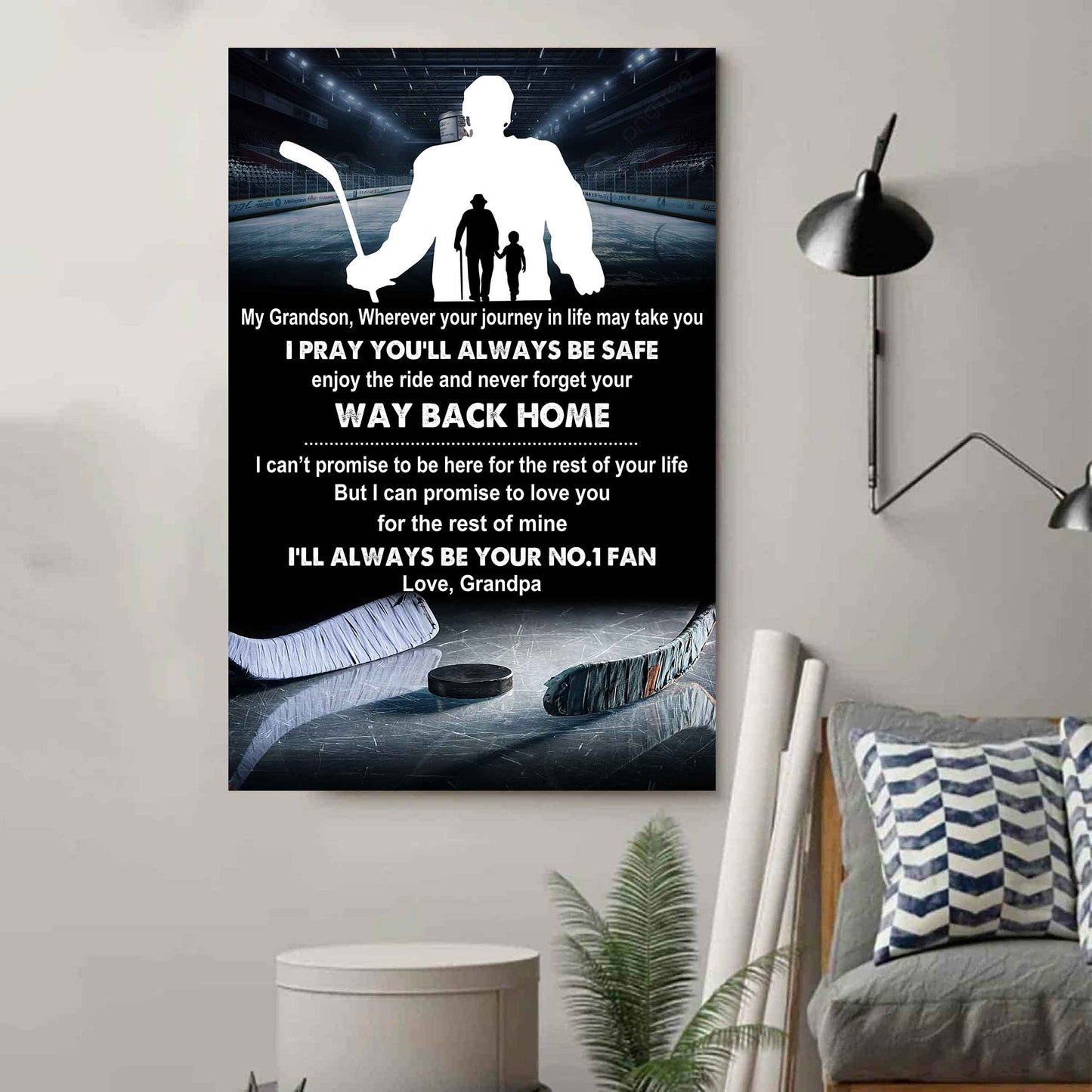 Hockey Poster Canvas Grandpa To Grandson - Never Forget Your Way Back Home I Will Always Your No 1 Fan