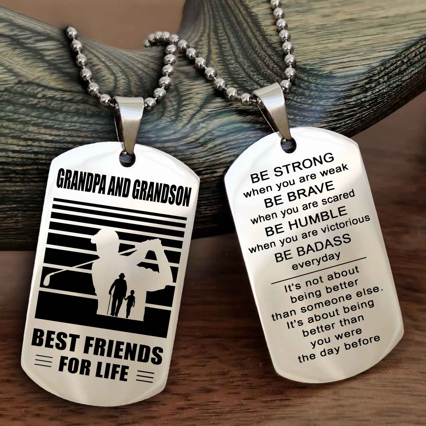Sport Personalized Double Sided Dog Tag Grandpa And Grandson Best Friend For Life - Be Strong When You Are Weak Be Badass Everyday