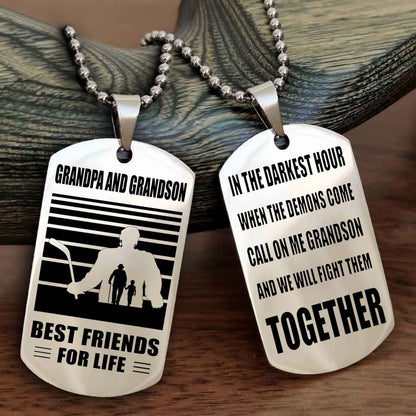 Sport Personalized Double Sided Dog Tag Grandpa And Grandson Best Friend For Life - Call On Me Grandson And We Will Fight Them Together