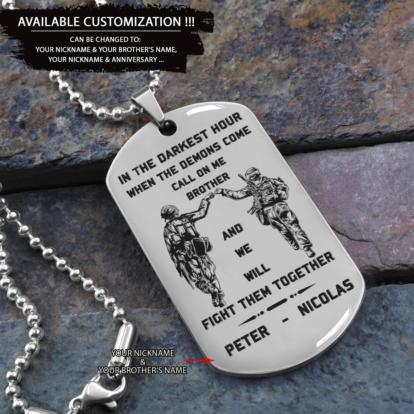 DRB new Customizable engraved brother dog tag gift from brother, In the darkest hour, When the demons come call on me brother and we will fight them together