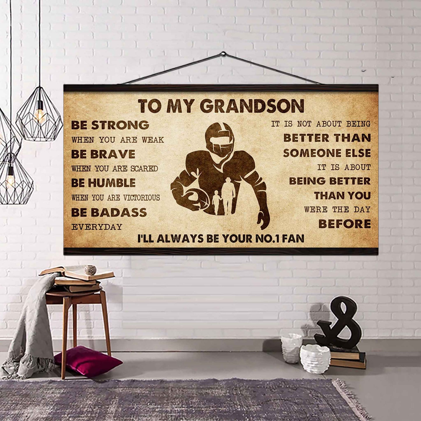 Personalized Sport Poster Canvas I'll Be Your No 1 Fan Grandpa To Grandson - Be Strong When You Are Weak Be Badass Everyday