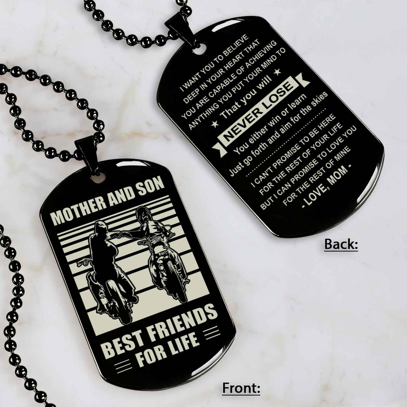 Biker Personalized Double Sided Dog Tag Mother And Son Best Friends For Life - Message on the back side