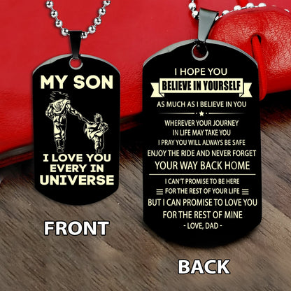 To my son double sided dog tag gift from dad to son , I love you in every universe Way back home