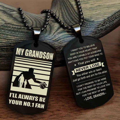 Sport Baseball Personalized Double Sided Dog Tag Granpa, Grandma To Grandson I Will Always Be Your No 1 Fan - You Will Never Lose You Either Win Or Learn