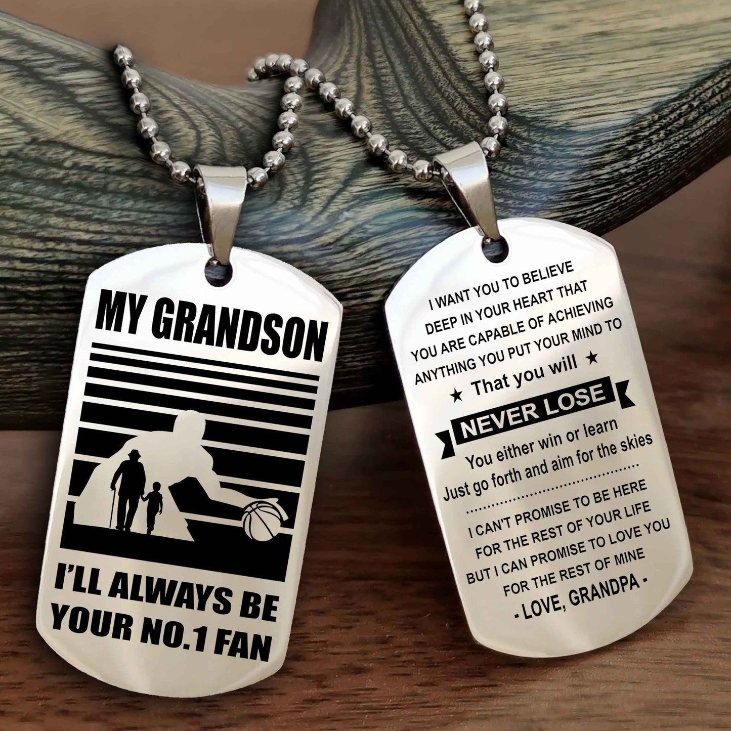 Sport Baseball Personalized Double Sided Dog Tag Granpa, Grandma To Grandson I Will Always Be Your No 1 Fan - You Will Never Lose You Either Win Or Learn