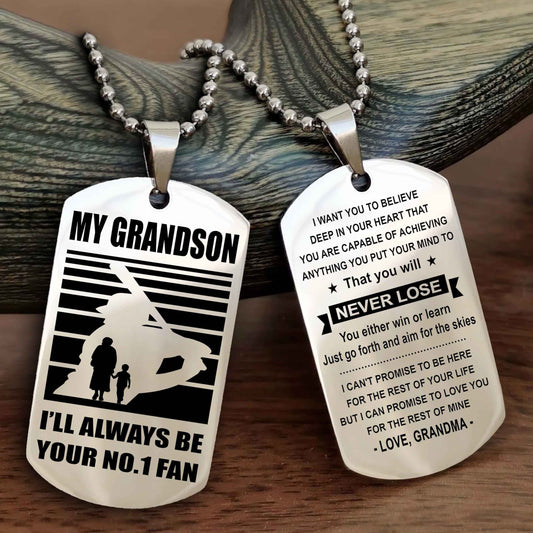 Sport Baseball Personalized Double Sided Dog Tag Granpa, Grandma To Grandson I Will Always Be Your No 1 Fan - You Will Never Lose You Either Win Or Learn