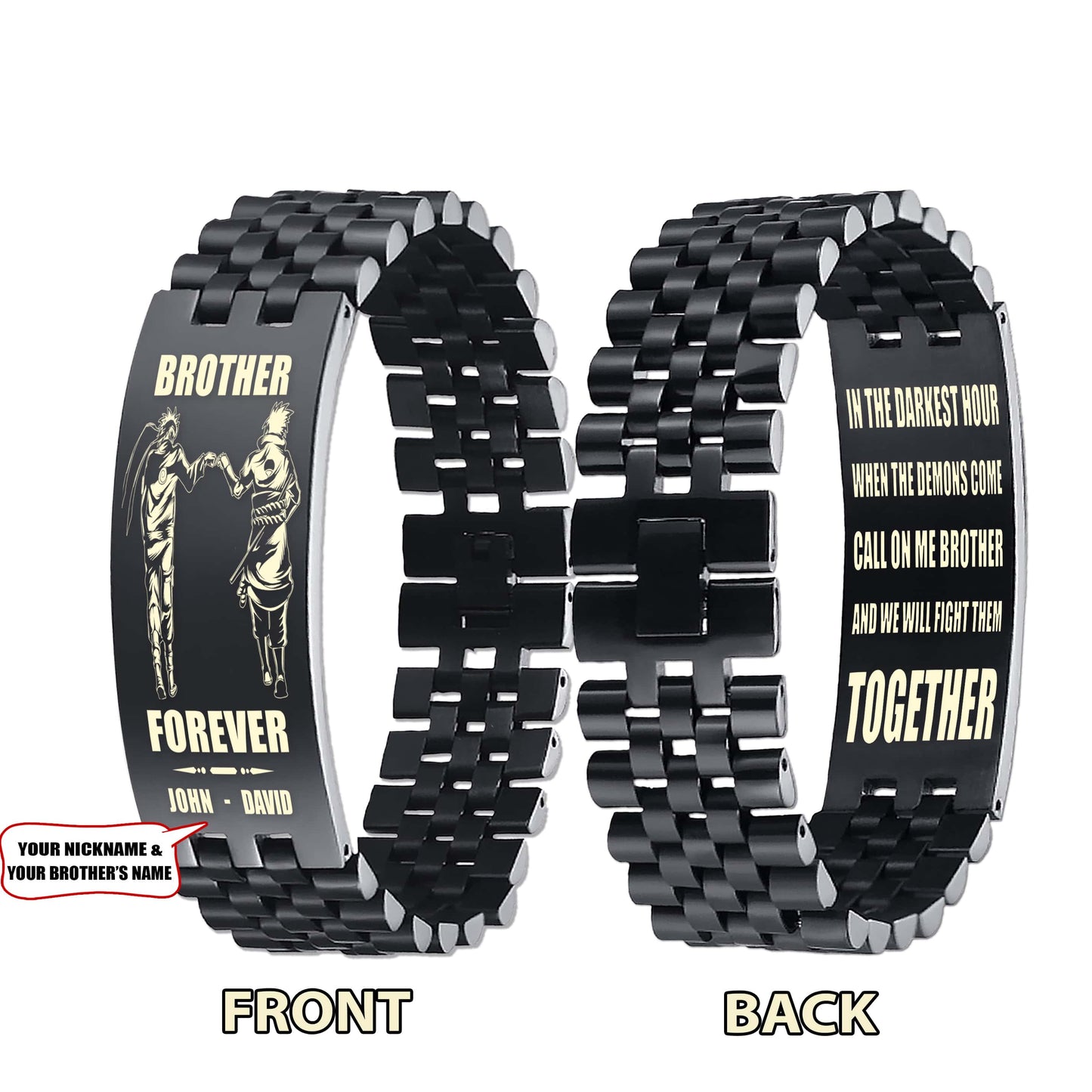 Samurai customizable engraved brother bracelet double sided gift from brother, brother forever, in the darkest hour, When the demons come call on me brother and we will fight them together